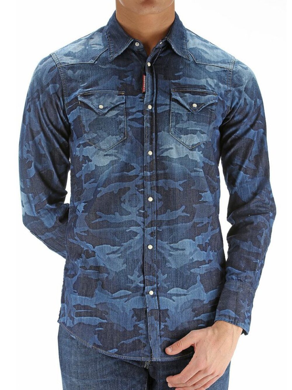 DSQUARED2 Blue Laser Print Camo Denim Western Shirt